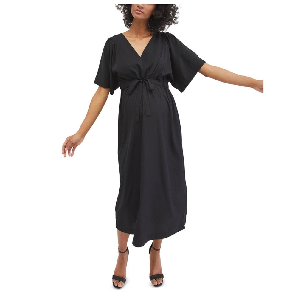 Motherhood Maternity Woven Kimono Sleeve Tie Waist Dress Black Size S NWT‎
